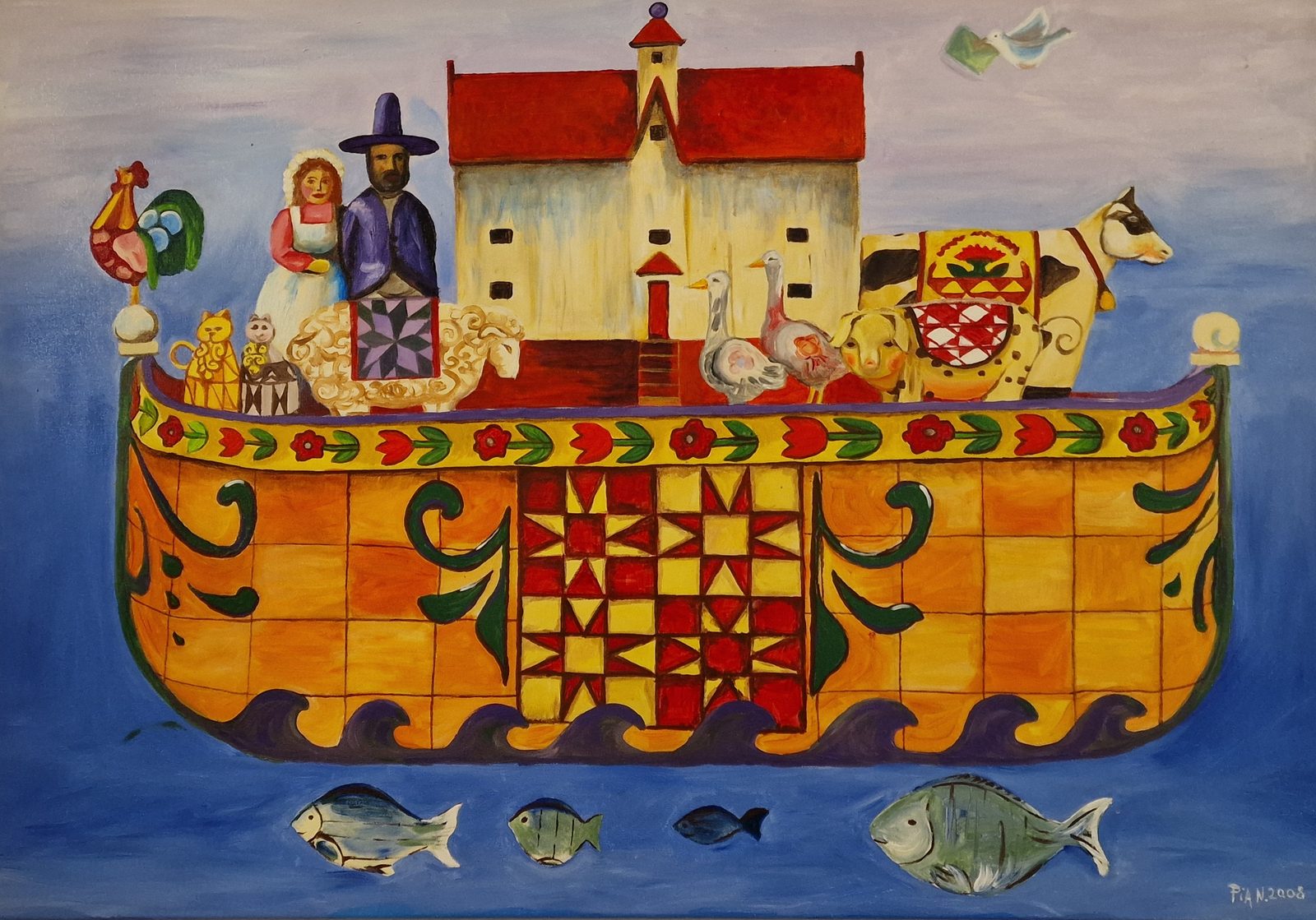 Gemälde einer bunten Arche Noah mit Menschen und Tieren, gemalt von Pia Niedermaier