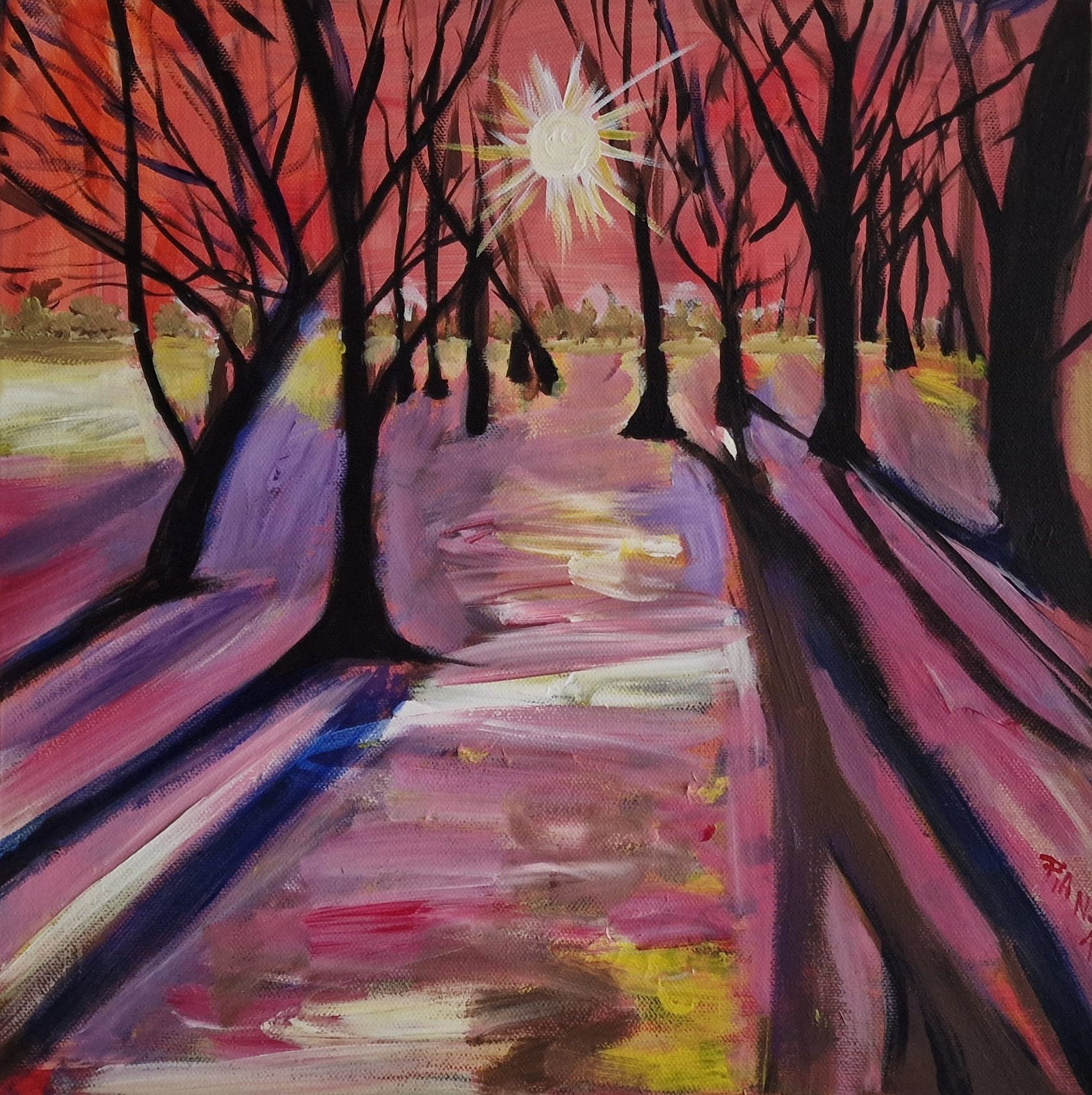 Gemälde einer Baumallee mit strahlender Sonne über einem rosafarbenen Weg, gemalt von Pia Niedermaier